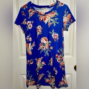 Pink Rose Floral Blue Short Sleeve Dress